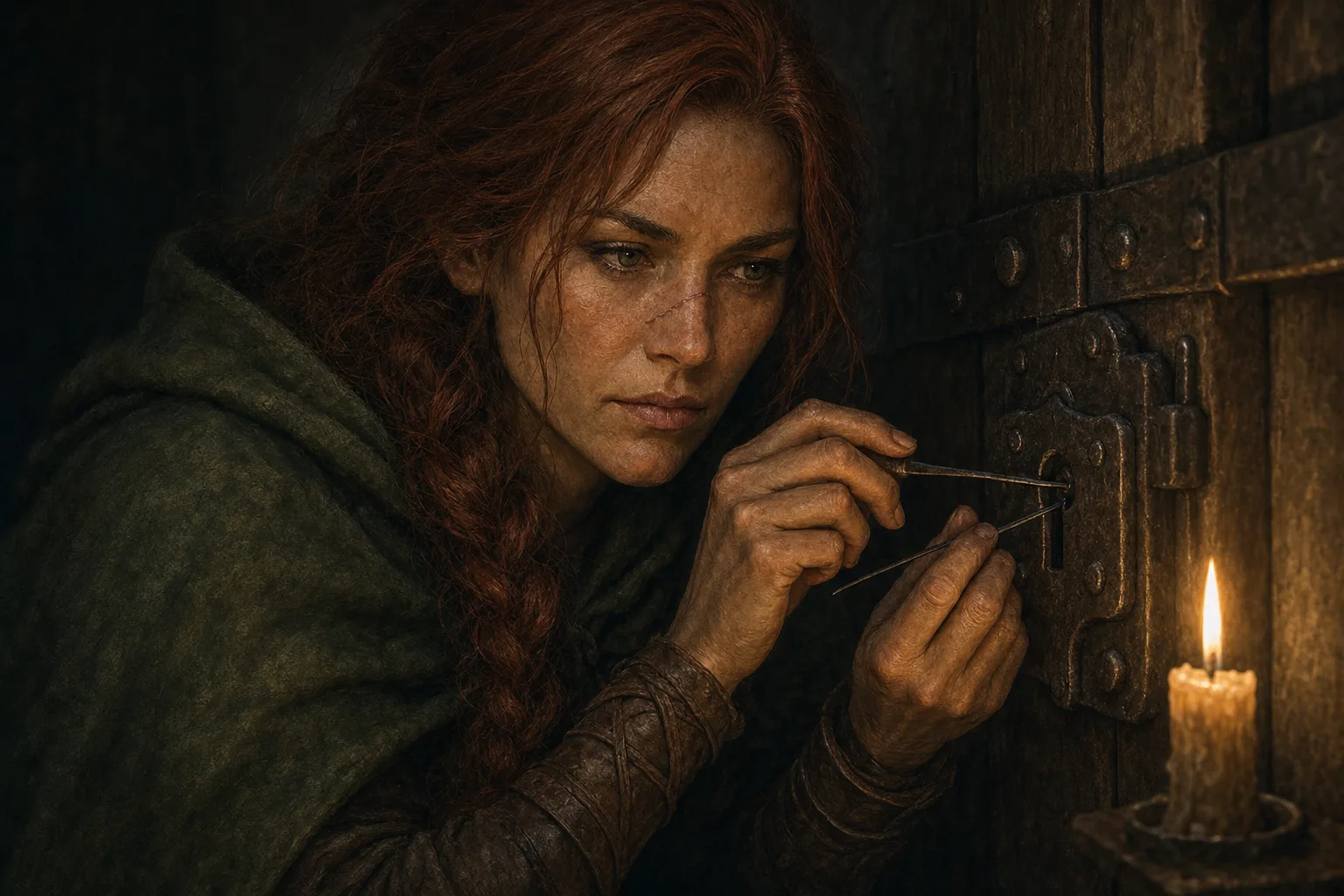 Shot 3, close-up: Maren works a lock with picks by one candle