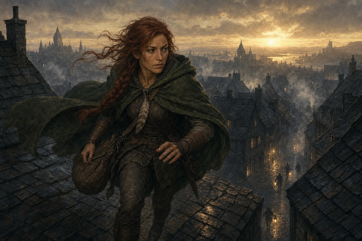 Shot 4, wide: Maren runs across rooftops at dawn with a satchel