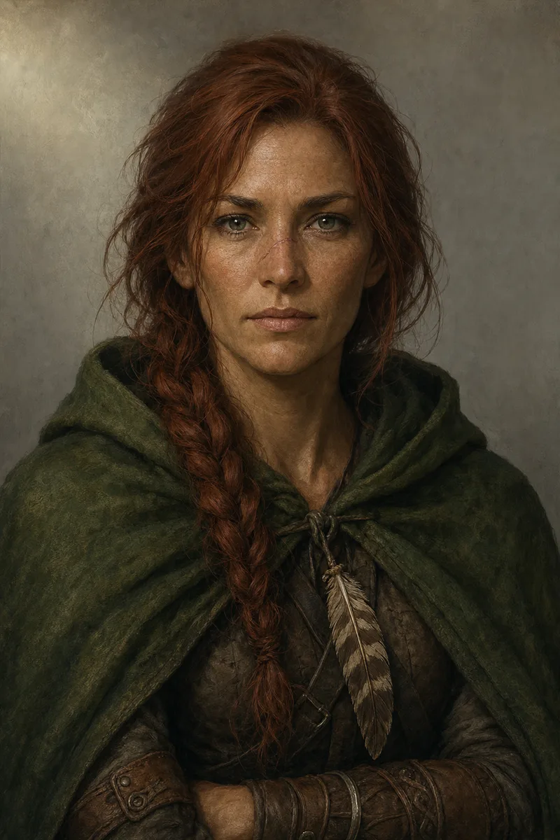 Maren Holloway, the saved reference: auburn braid, freckles, green hooded cloak