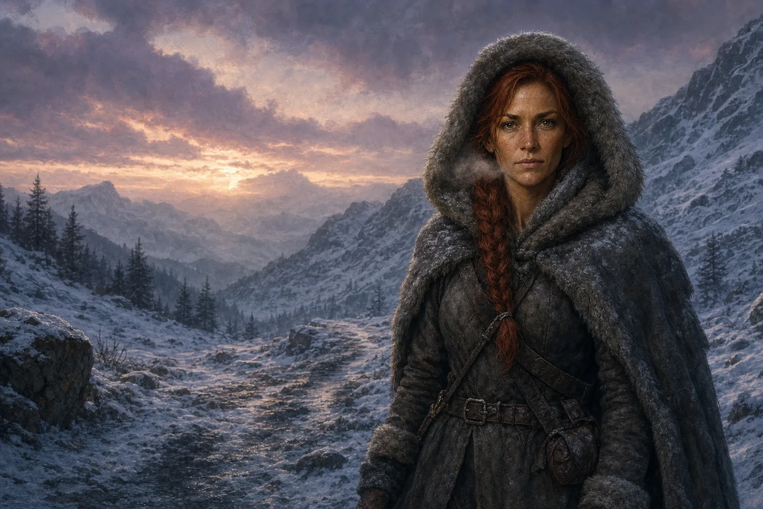 Maren Holloway on a snow road in a fur-lined cloak