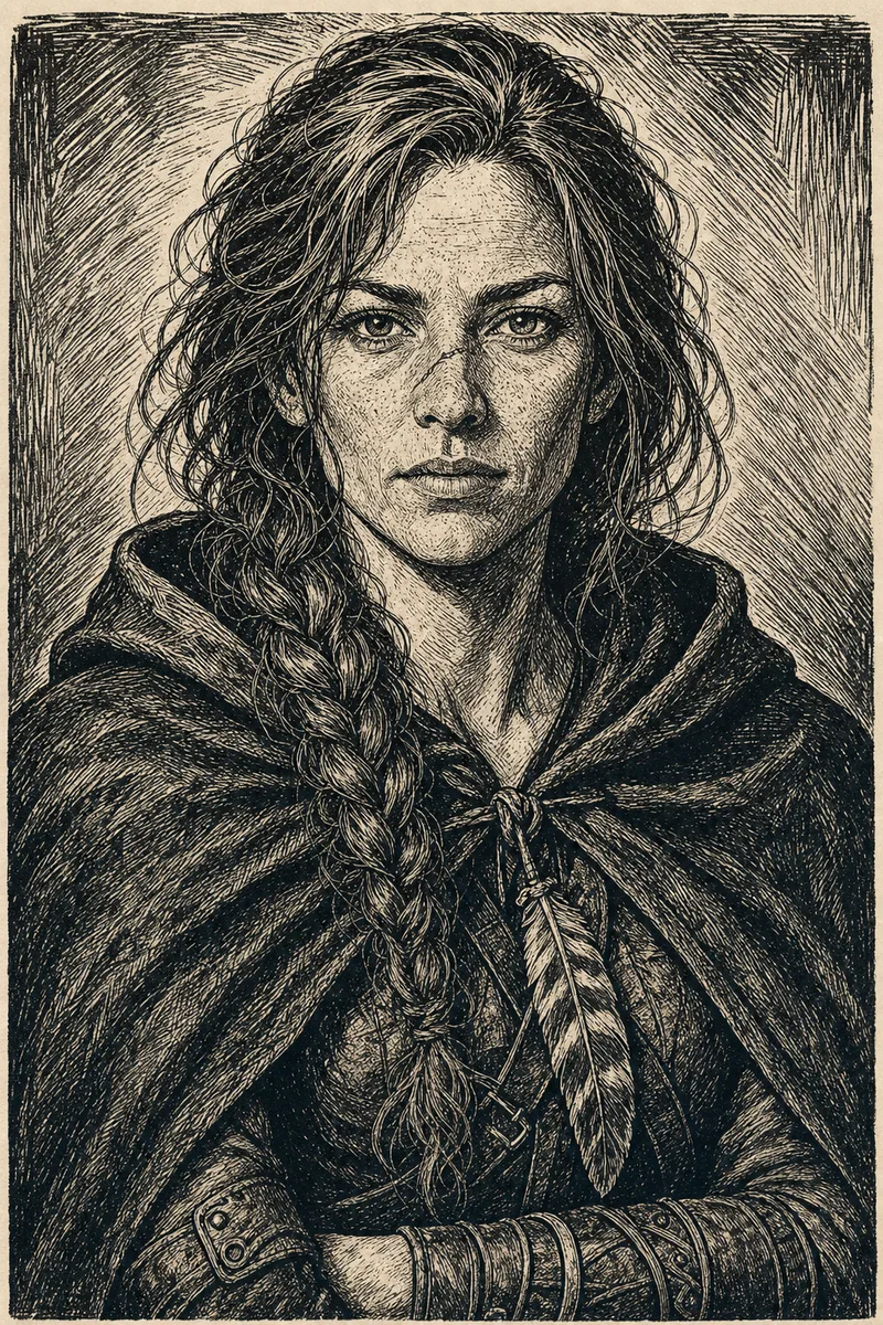 Maren Holloway as a black ink woodcut print