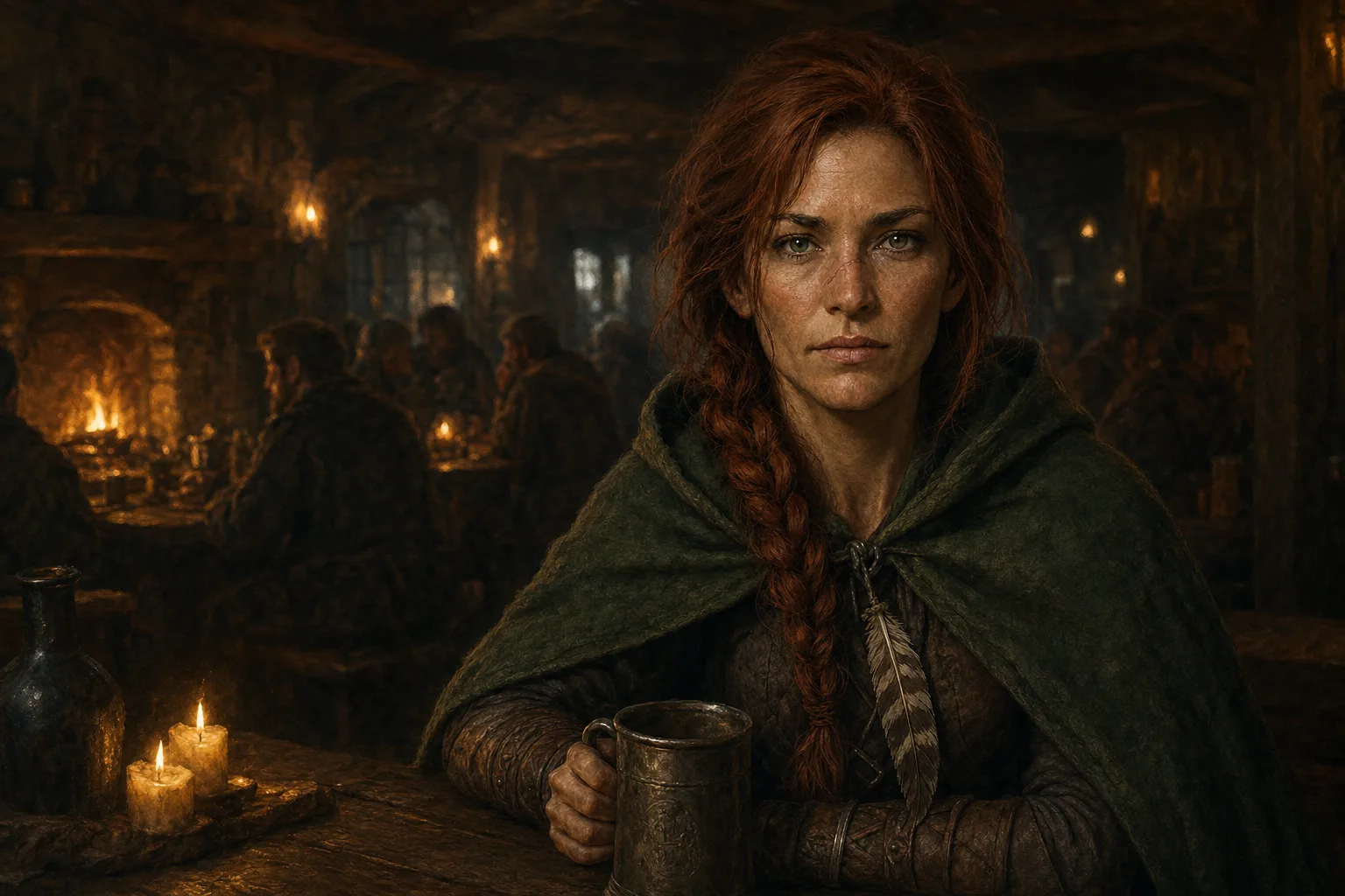 Maren Holloway at a tavern table at night, tankard in hand
