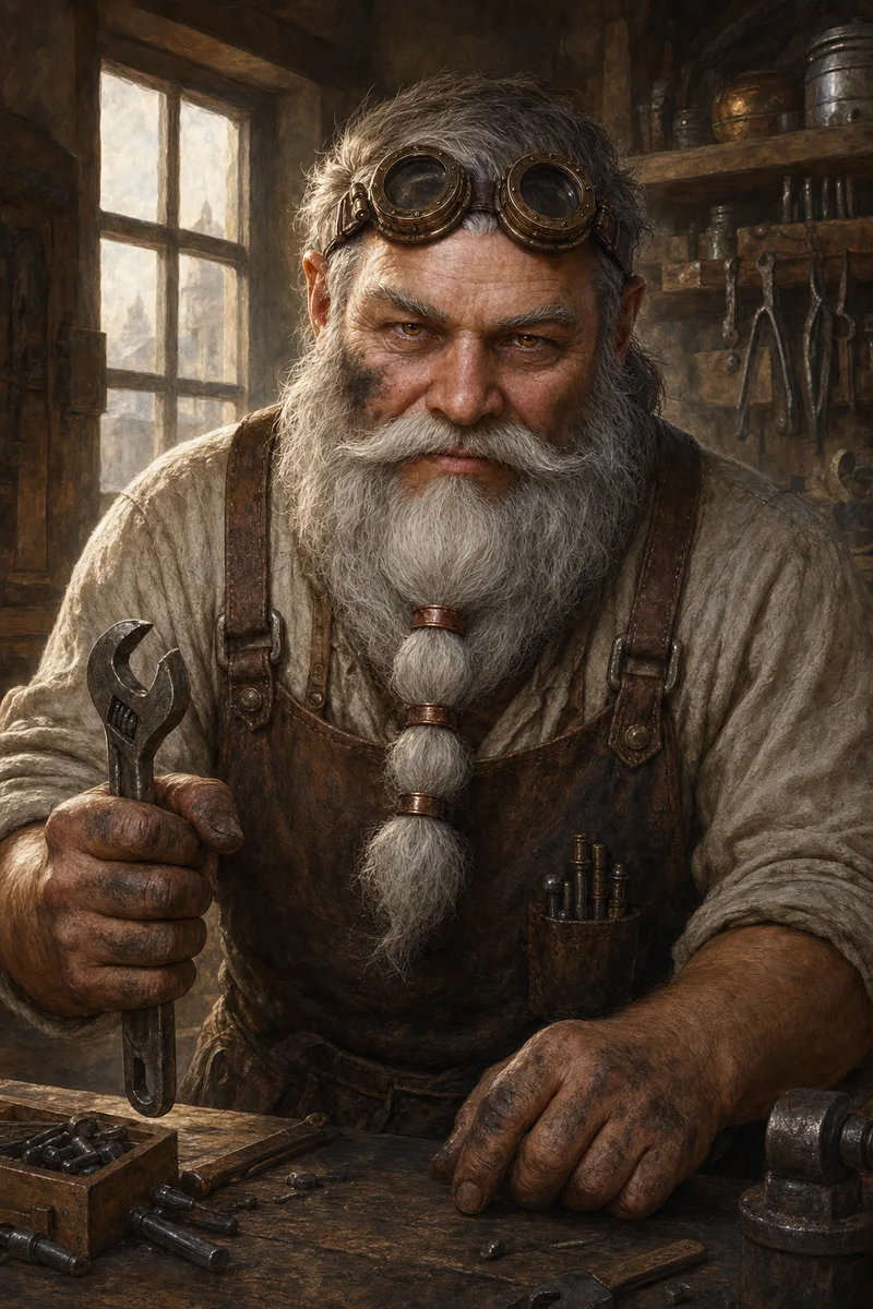 Oszkar Vell at level 1: leather apron and one wrench