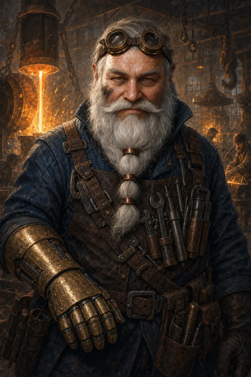 Oszkar Vell at level 5: brass gauntlet and a bandolier of tools