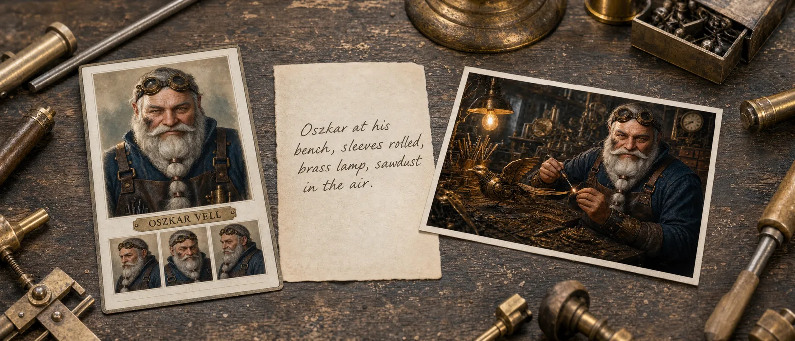 On a workbench: the Oszkar Vell reference card, a handwritten prompt, and the finished render