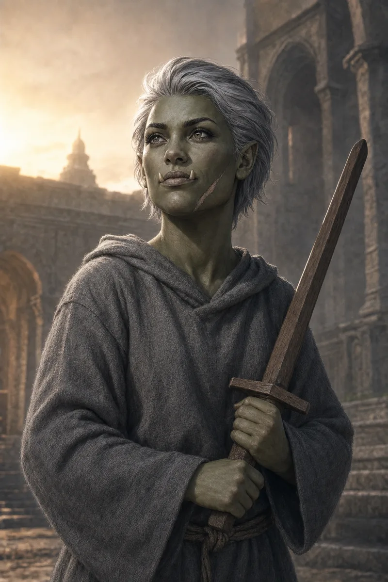 Teodora Vance as a novice in a grey wool robe with a practice sword