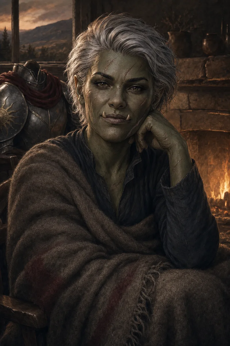 Teodora Vance years later by a hearth, armour on the chair