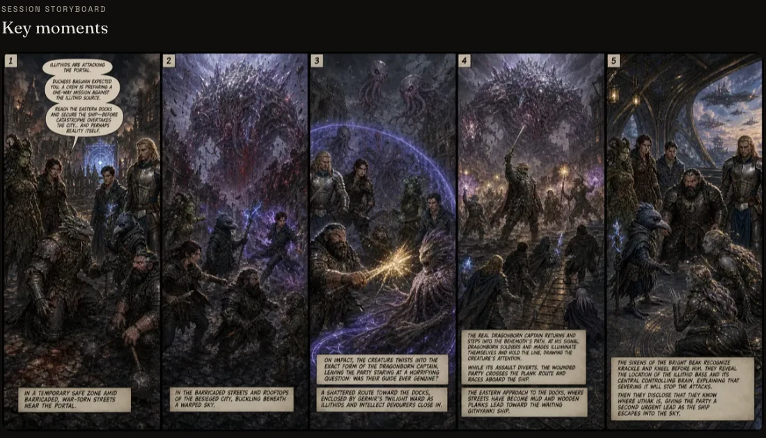 Five-panel City of Glass storyboard created from the session recap