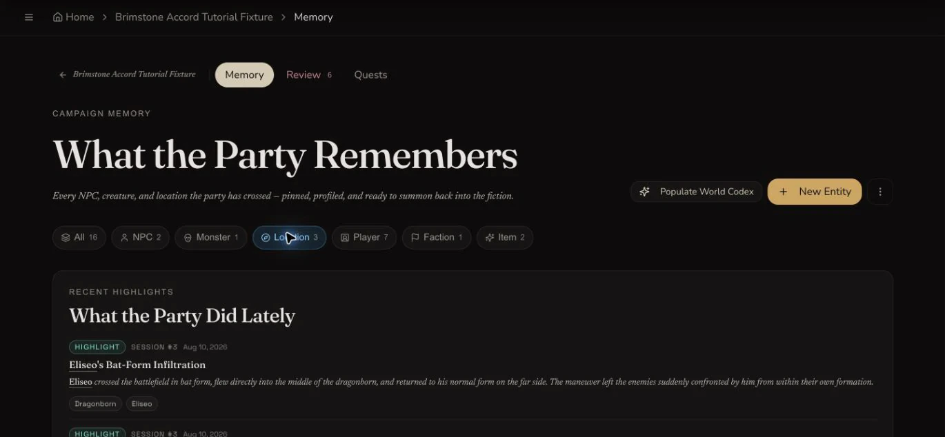 The real CharGen campaign memory ledger with tracked entities and recent highlights