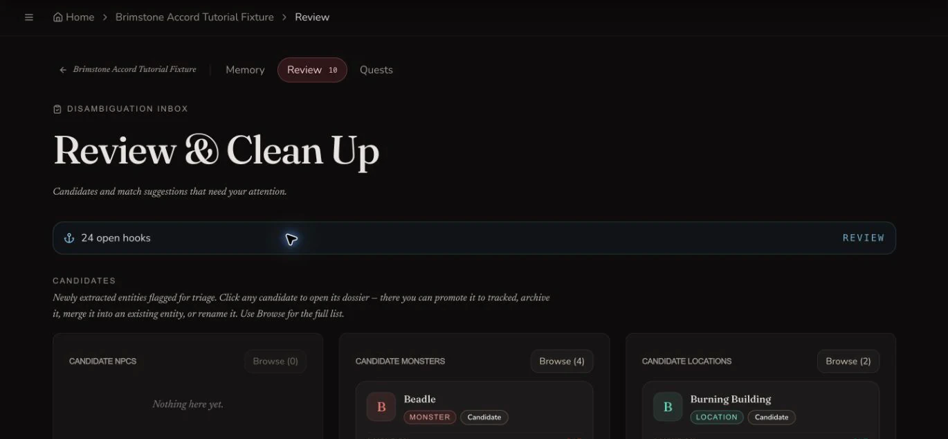 The real CharGen campaign review inbox for new entities and unresolved hooks