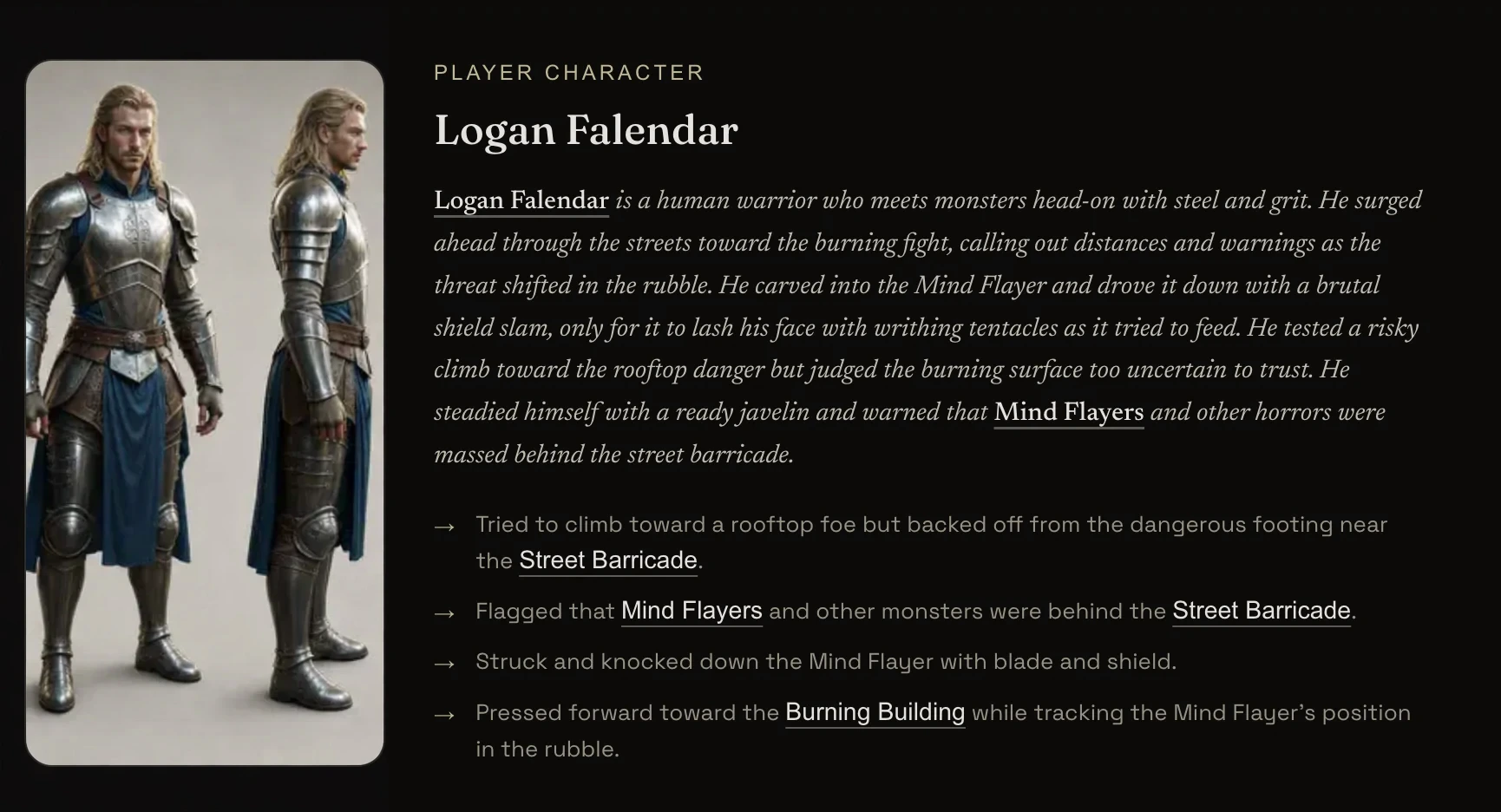 Logan Falendar character record with portrait, session account and linked actions