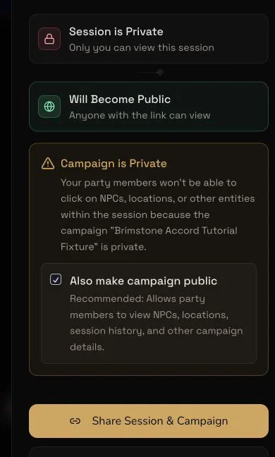 Private session sharing controls with separate session and campaign visibility
