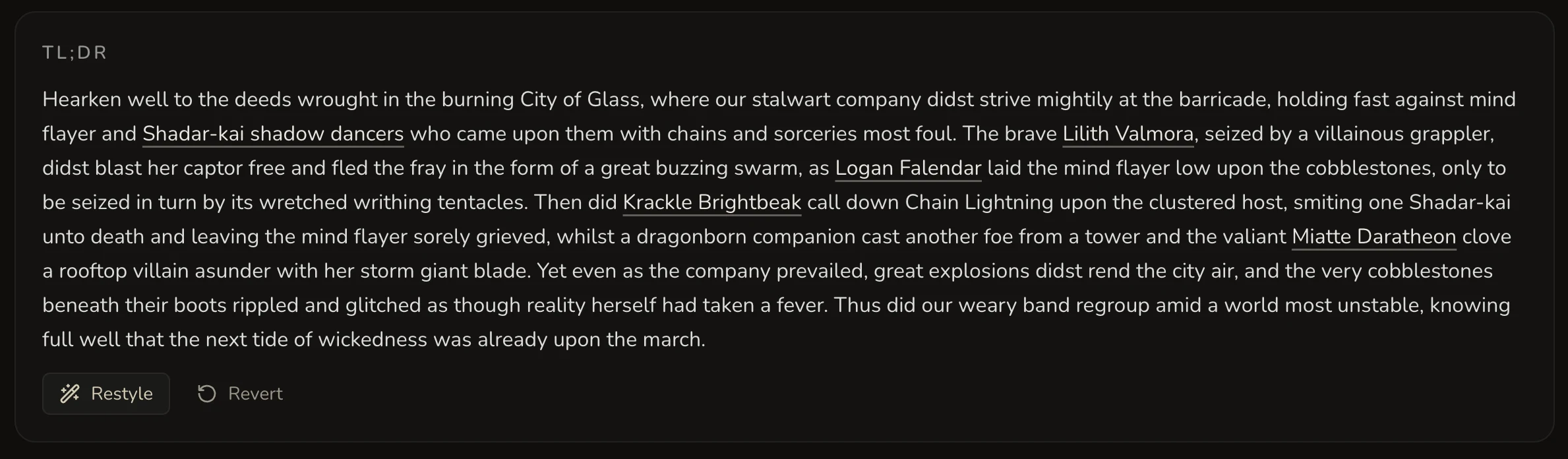 City of Glass TL;DR with Restyle and Revert controls
