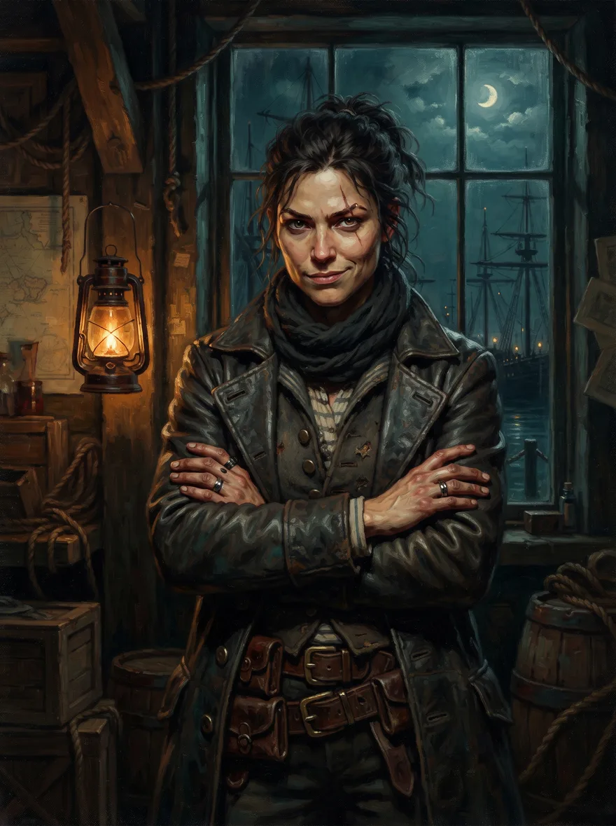 Painterly portrait of Vess Kariel, a scarred female smuggler with crossed arms in a moonlit dockside office