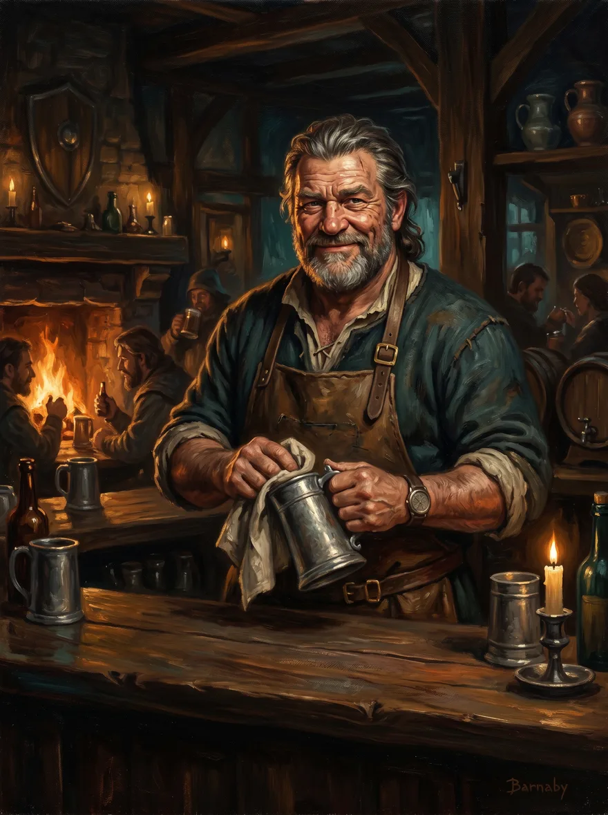 Painterly dark fantasy portrait of Barnaby, a bearded tavern keeper polishing a pewter tankard behind his bar