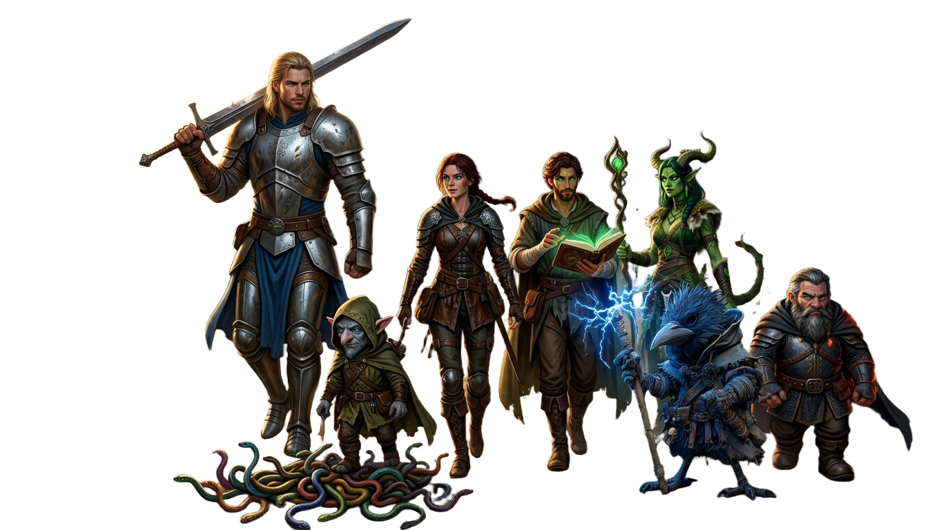 Fantasy adventuring party at different heights, halfling, elf, human, dragonborn, and goliath rendered together