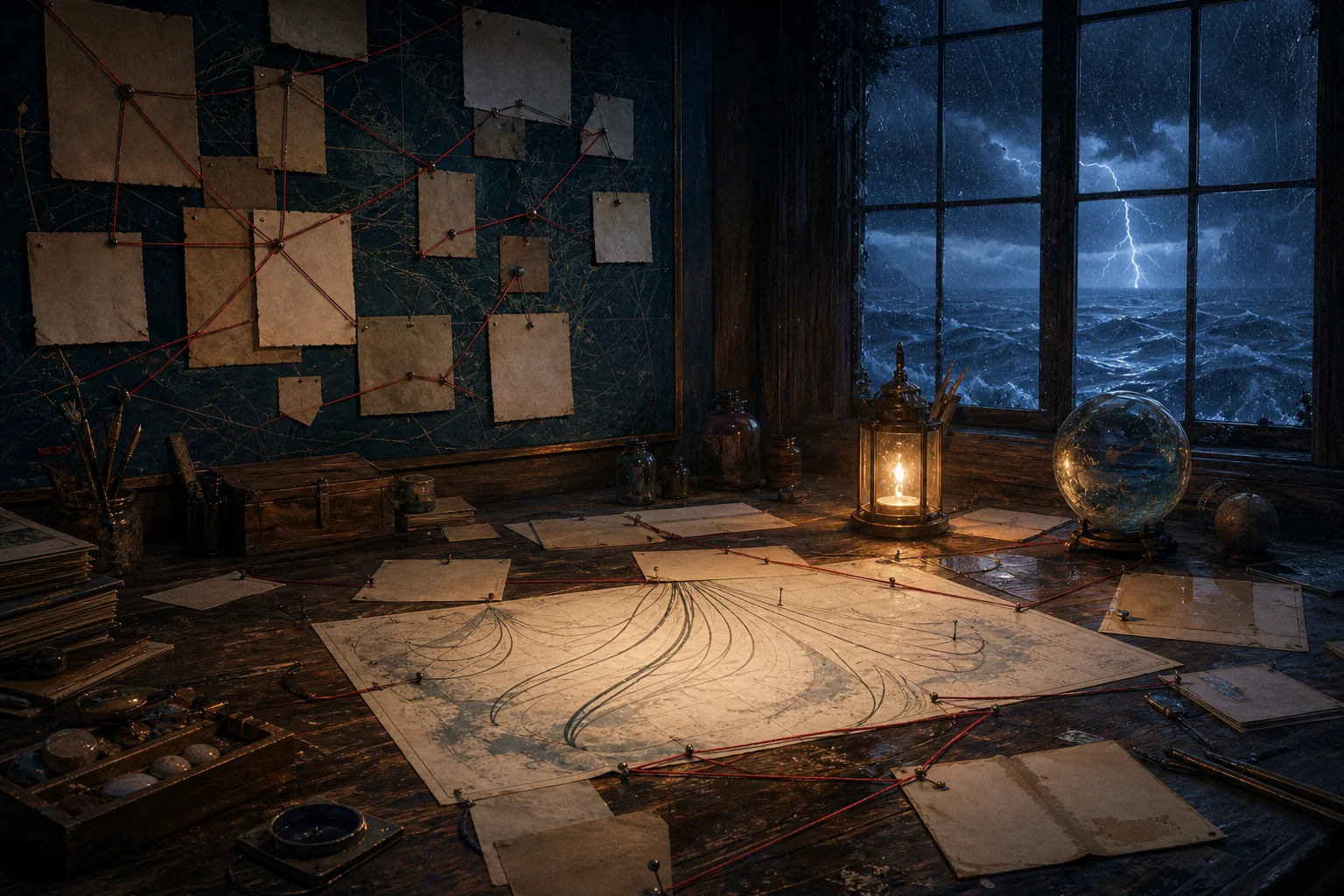 Storm-lit maritime writing room with a tide-chart desk, blank notes and red route strings.