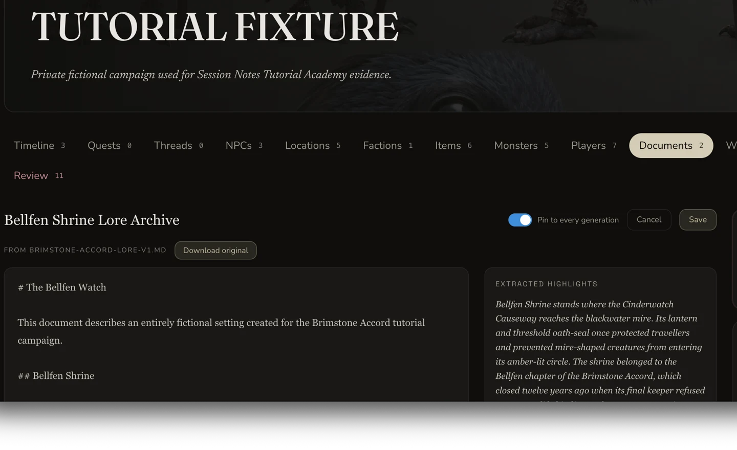 Campaign document editor with pinned generation context and extracted highlights