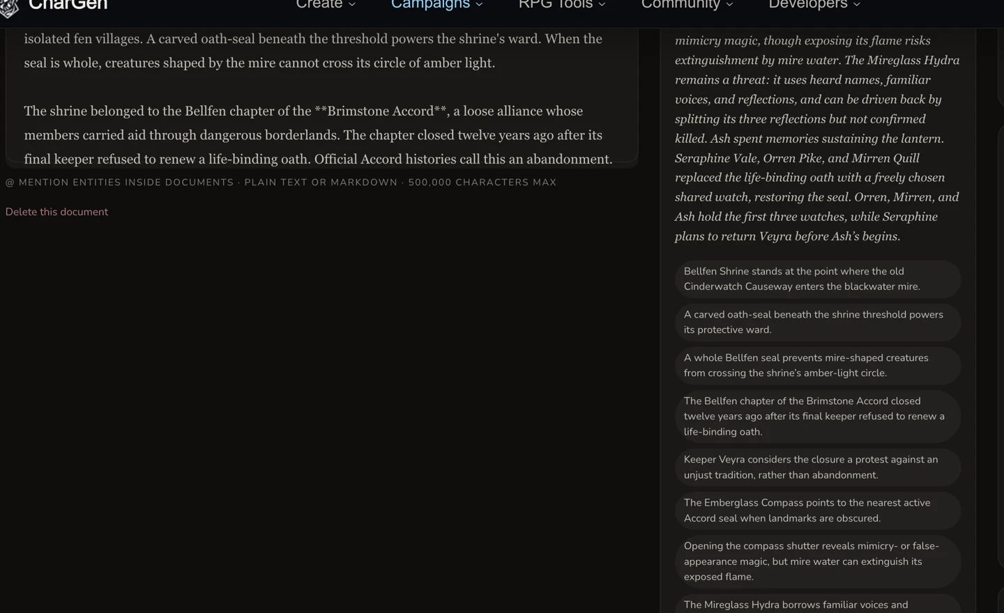 Campaign Document digest showing extracted prose and individual key-fact cards from the fictional Bellfen source.