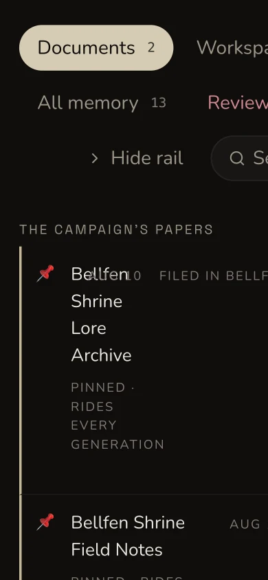 Narrow Campaign Documents view showing separate uploaded and written Bellfen papers in the private campaign.
