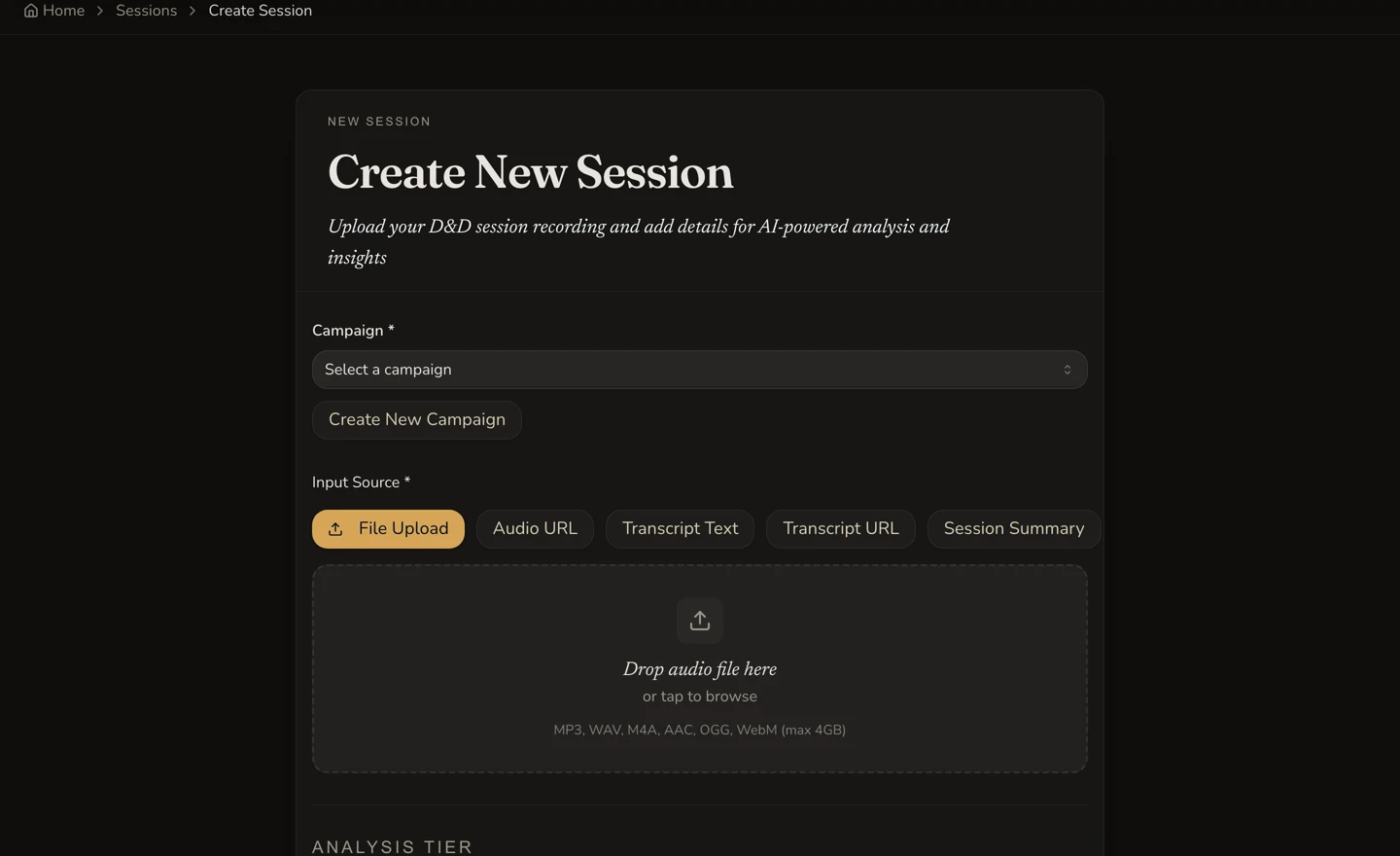 Desktop Create Session Notes form showing File Upload, Audio URL, Transcript Text, Transcript URL and Session Summary.