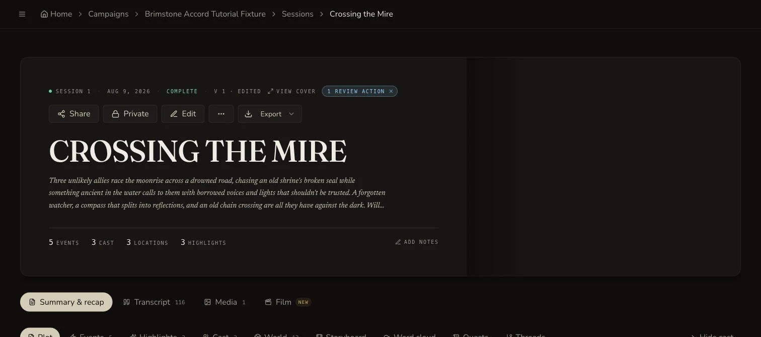 Desktop completed Session Notes recap for Crossing the Mire, showing the generated story summary and recap sections.