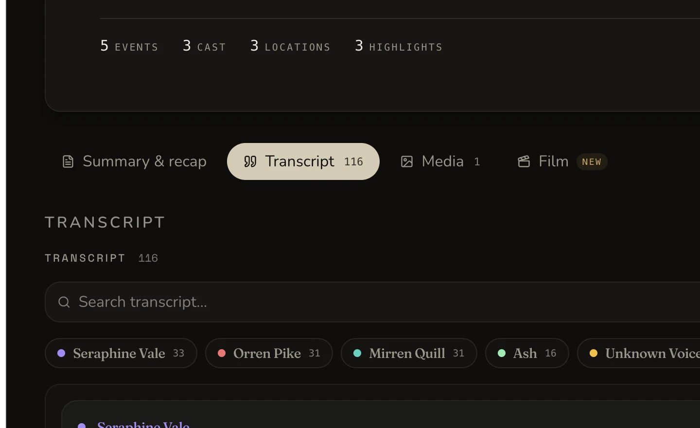 Desktop transcript view showing the search field, speaker filters and retained source utterances.