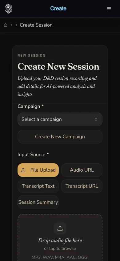 Narrow Create Session form showing File Upload, Audio URL and the other source choices without account details.