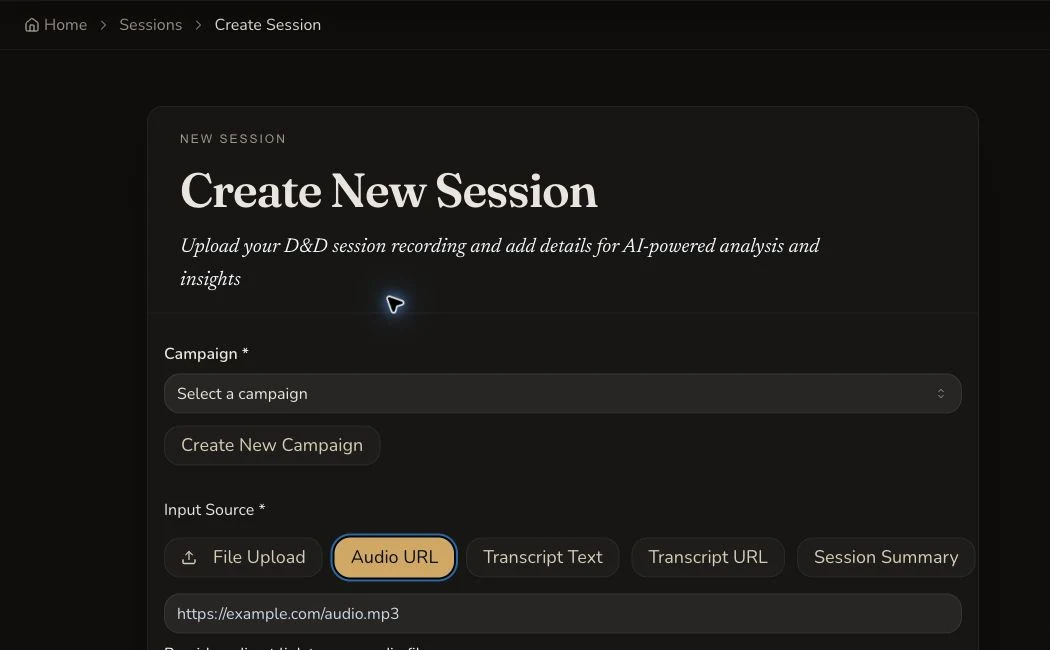 Create Session form with Audio URL selected and a direct audio file URL field above the analysis tiers.