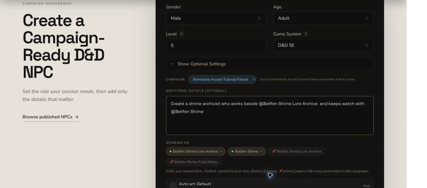 NPC Generator showing the private tutorial campaign, an explicit Bellfen Shrine paper, an explicit Bellfen Shrine location and two pinned papers.