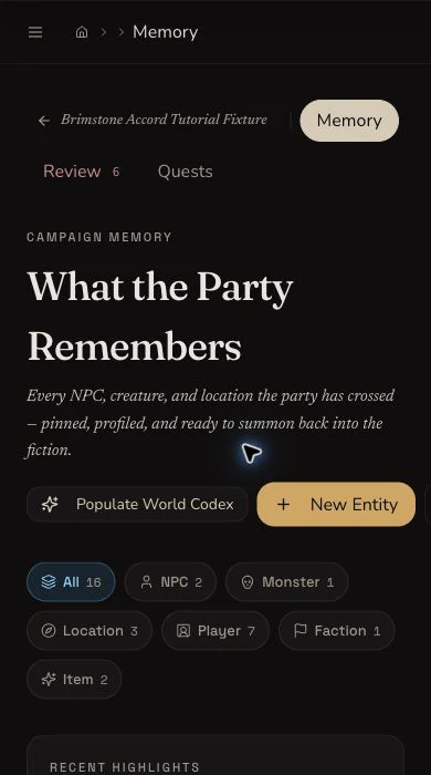 Narrow Campaign Memory view showing its heading, campaign navigation, actions and entity-type filters.