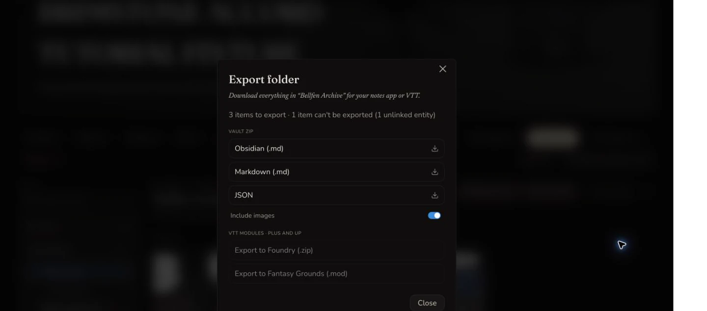 Export folder dialog showing three exportable items, one skipped unlinked entity, Markdown vault choices and Include images enabled.