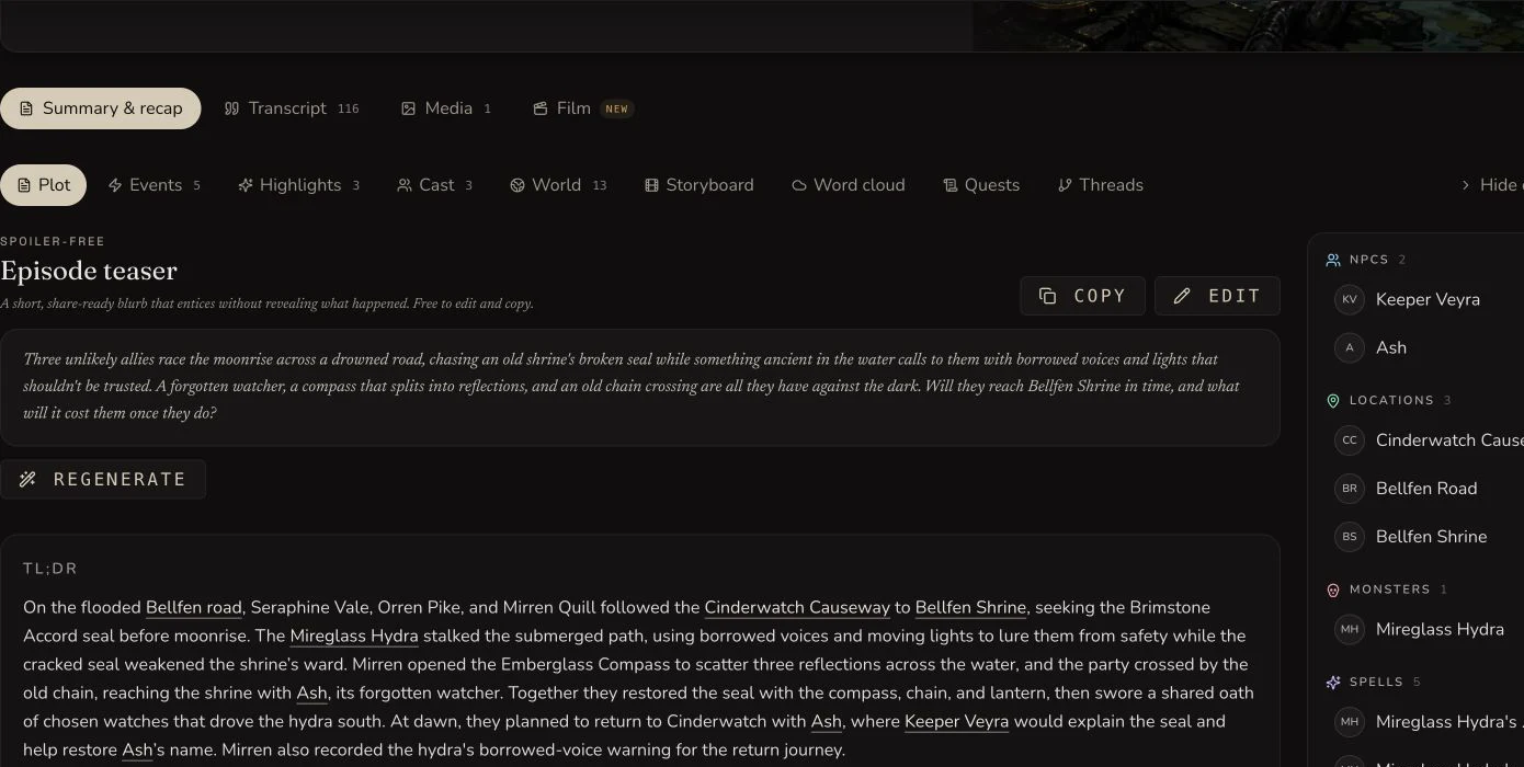 Crossing the Mire recap showing Plot, Events, Highlights, Cast, World, Storyboard, Word cloud, Quests and Threads tabs with an editable teaser.