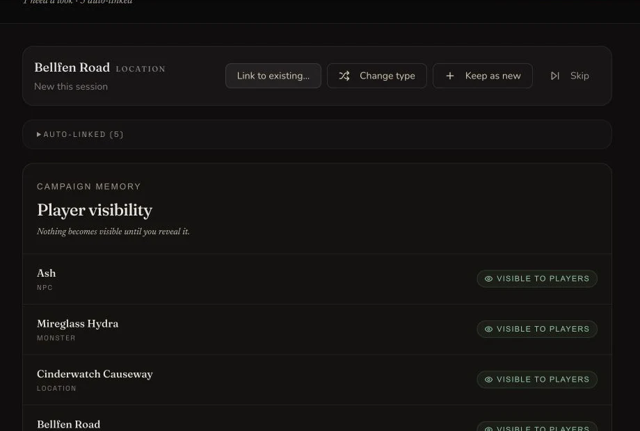 Entity review showing Bellfen Road as a new Location with Link to existing, Change type, Keep as new and Skip actions above five auto-linked entities.