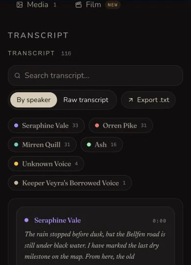 Narrow transcript view showing search, speaker chips, By speaker, Raw transcript and Export txt controls.