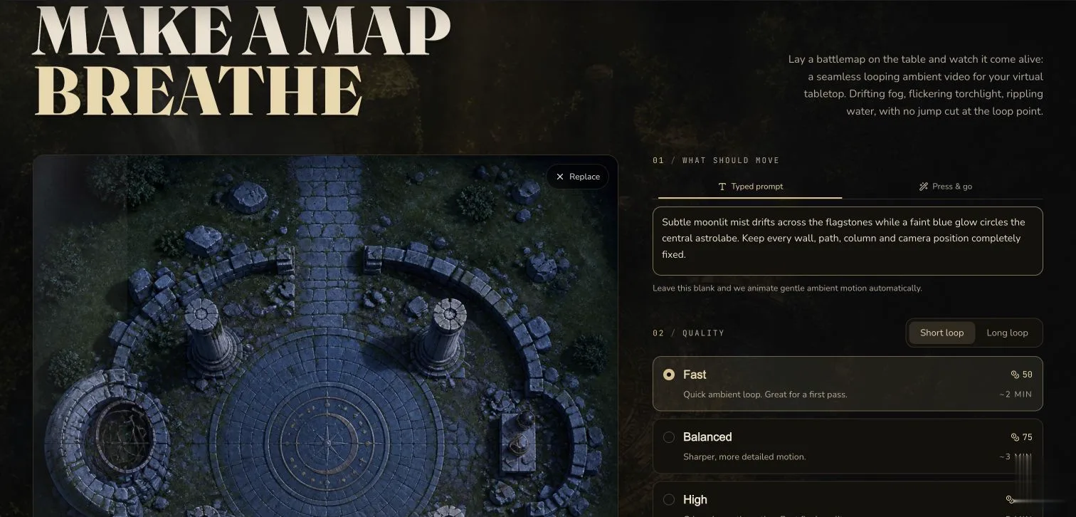 Animated Maps desktop form with an uploaded square observatory map, a restrained motion prompt, Fast quality and Short duration selected.