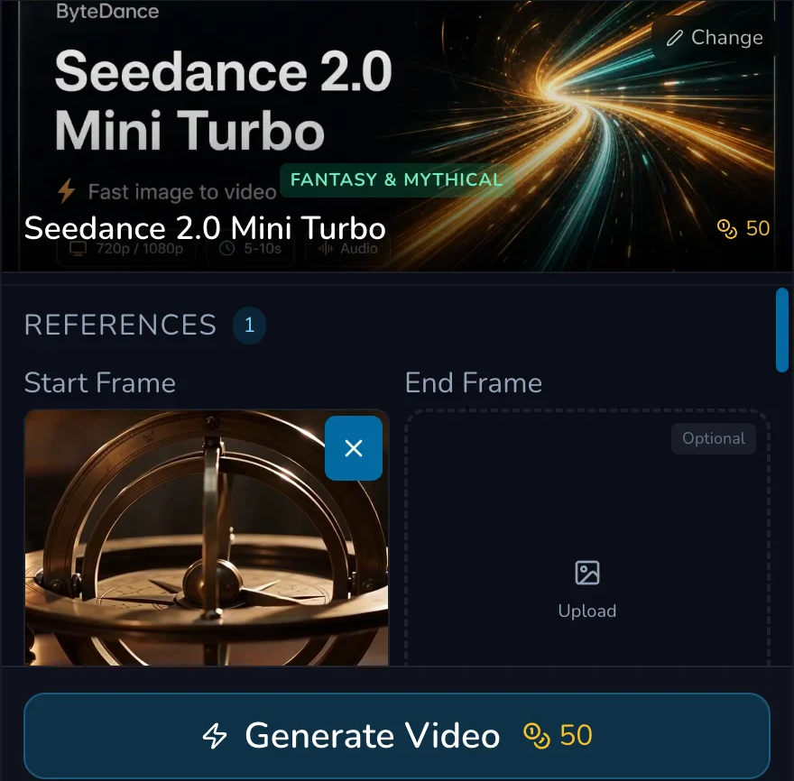 Mobile Video Create view showing an owned astrolabe as Start Frame beside an optional End Frame upload area.
