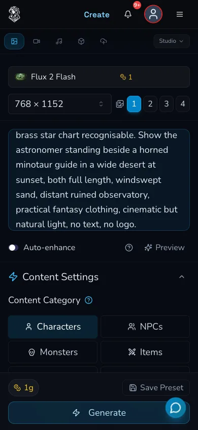 Mobile Image Studio with Flux 2 Flash, the astronomer and minotaur desert prompt, 768 by 1152 portrait size and Count 1.