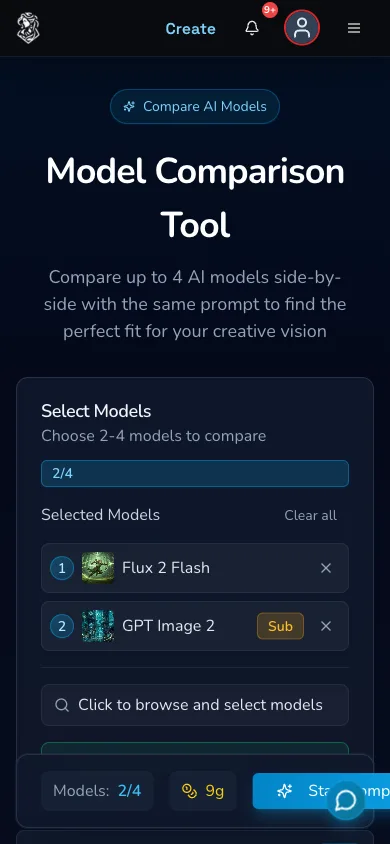 Mobile Model Comparison screen showing Flux 2 Flash and GPT Image 2 selected with a 9 Gold aggregate estimate.