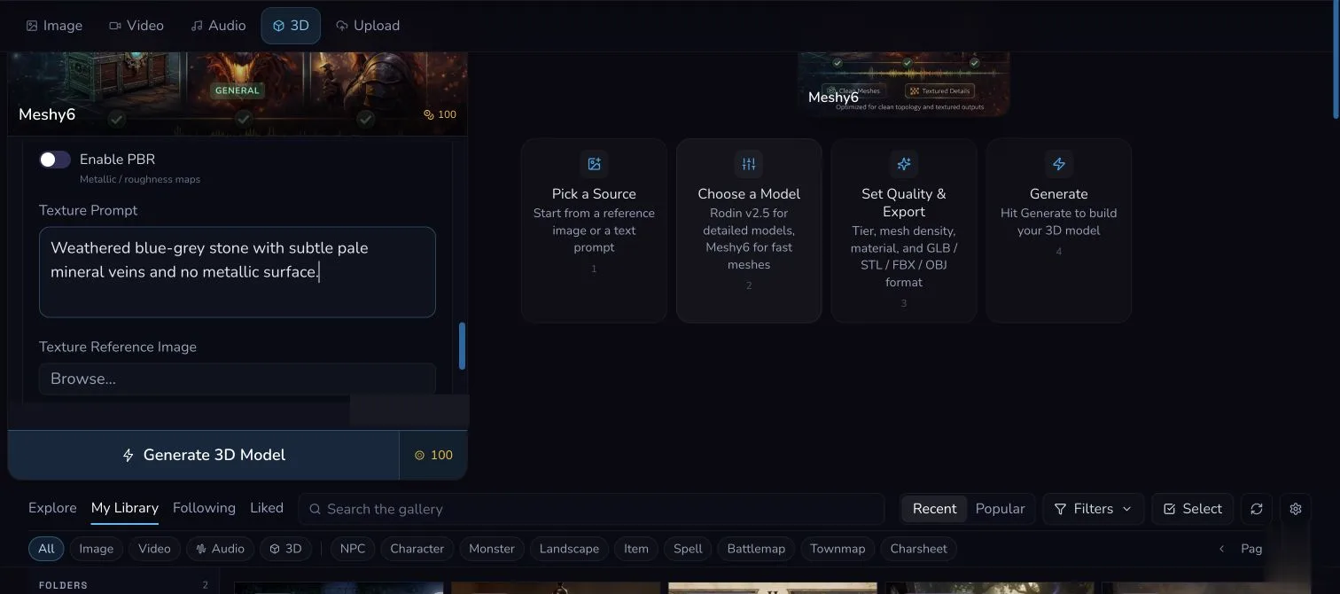 Desktop 3D Studio showing Meshy6, a 100 Gold Generate 3D Model action, PBR and texture controls, and the Gallery below.