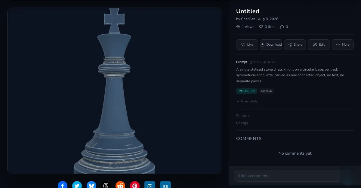 Desktop Gallery 3D viewer displaying the completed stone chess knight beside its Meshy6 result details and Download action.