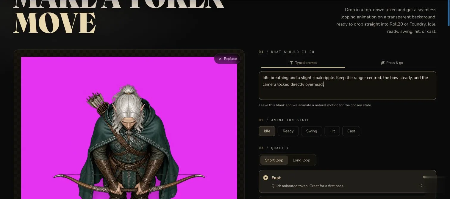 Animated Tokens desktop form with a square top-down moon-elf source, a restrained Idle prompt and generation controls.