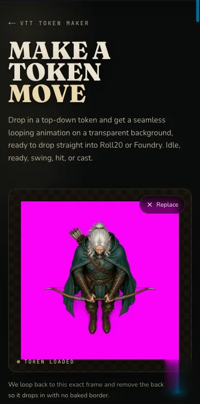 Animated Tokens configuration shown in a narrow mobile layout with the uploaded source and motion controls readable.