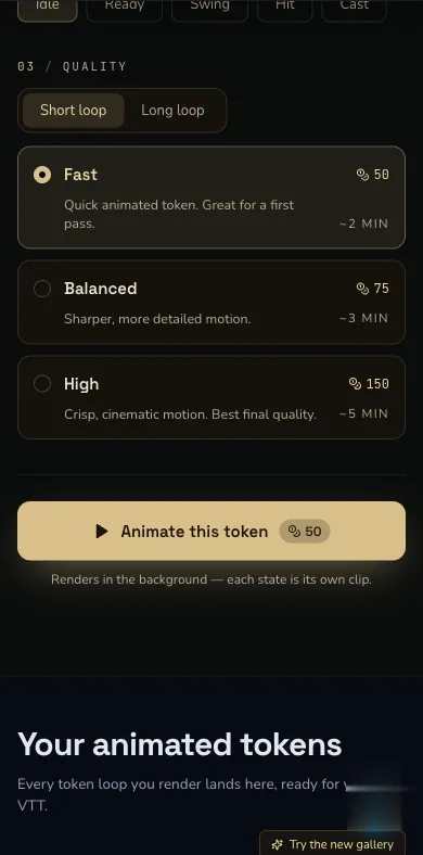 Animated Tokens mobile controls with Idle, Fast and Short loop selected and a 50 Gold estimate on the Animate button.