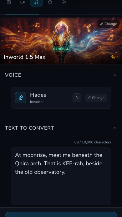 Mobile Audio Studio TTS workspace showing Inworld 1.5 Max, Hades and the Text to Convert script.