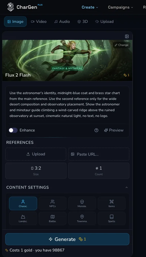 Desktop Image Studio form after the reviewed Reforge workflow, showing the prompt area, empty reference inputs, size, count, content settings and Generate footer.