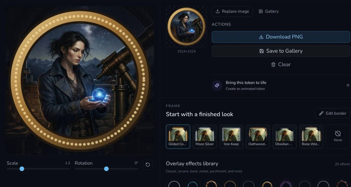 Desktop Token Maker shows a circular token mask, positioned portrait, zoom controls, frame and overlay preview.