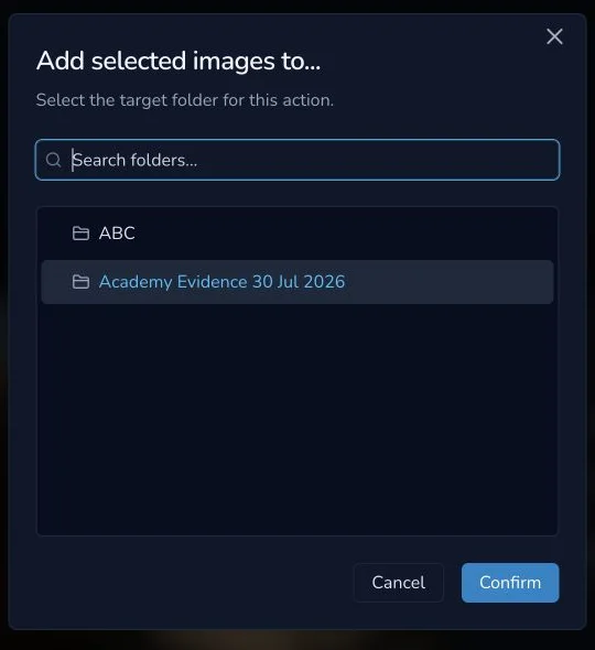 Add selected images dialog shows the temporary Academy Evidence folder selected and Confirm enabled.