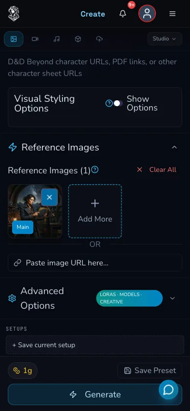 Mobile Image Studio Reference Images panel with one owned image loaded as Main and a one Gold Generate footer.