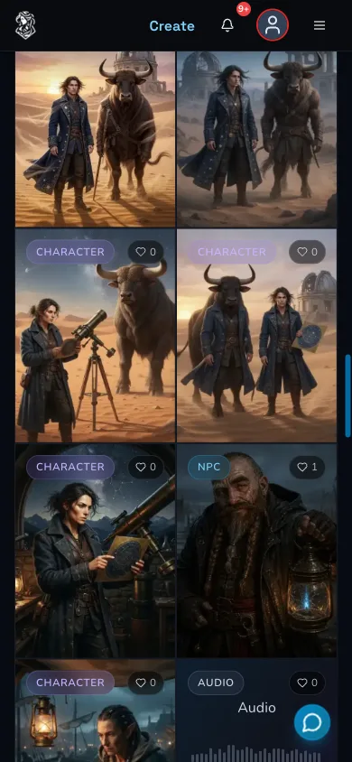 Mobile My Library grid contains multiple completed desert images featuring the astronomer and a horned minotaur.